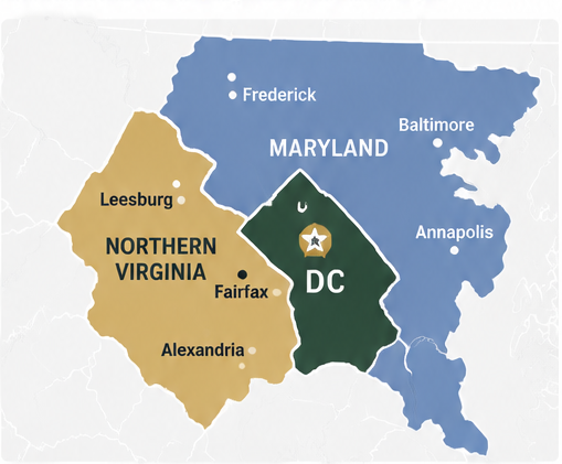 Map of the DMV area including Washington DC, Maryland, and Northern Virginia